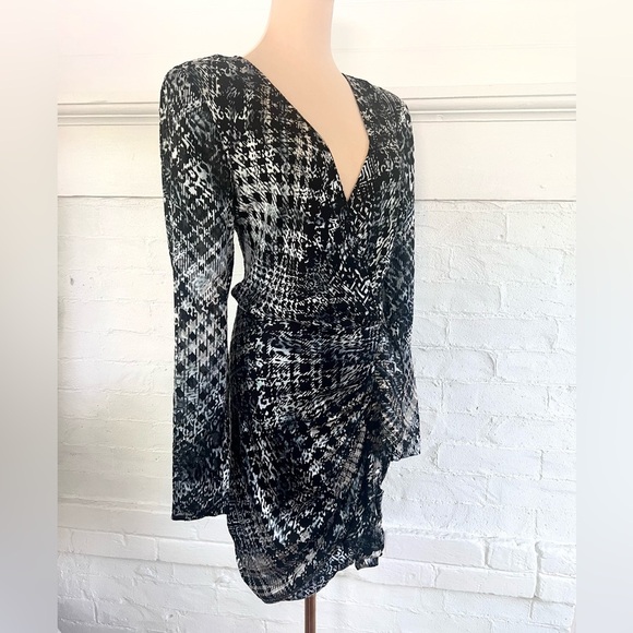 Ramy Brook Myla Mini Dress Black Houndstooth Burnout Multi Ruched Faux Wrap NWT - Picture 4 of 16